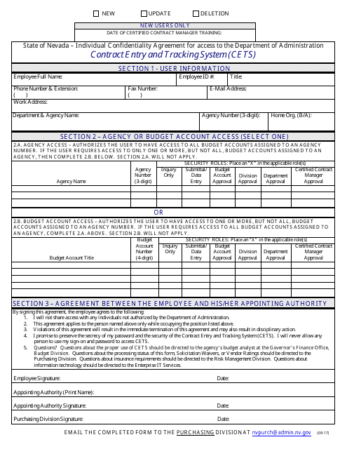 Contract Entry and Tracking System (Cets) Access Form - Nevada Download Pdf