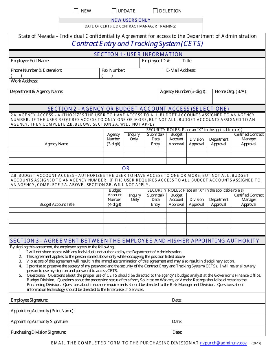 Contract Entry and Tracking System (Cets) Access Form - Nevada, Page 1