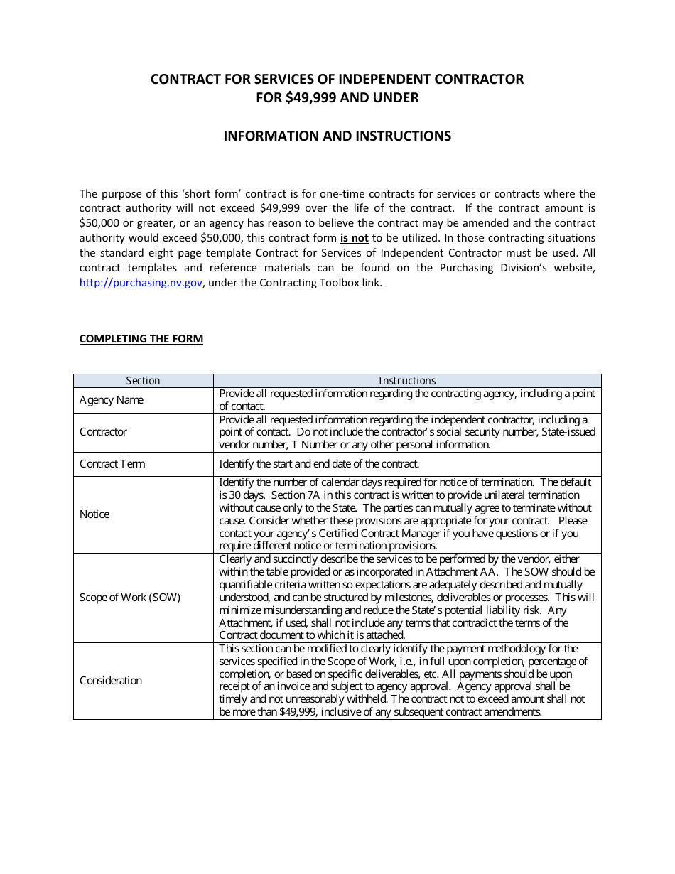 Instructions for Contract for Services of Independent Contractor for $49,999 and Under - Nevada, Page 1