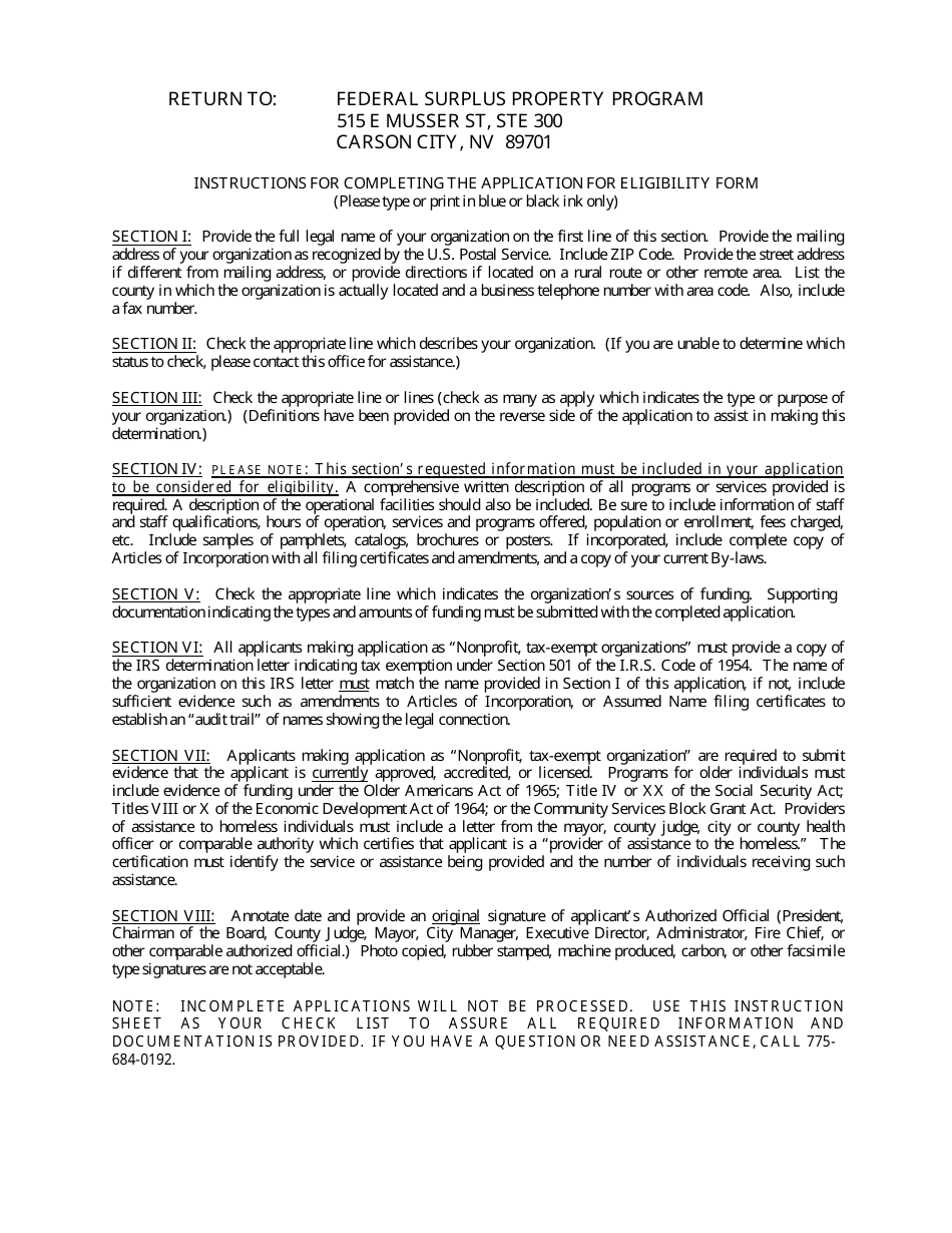 Application for Eligibility - Federal Surplus Property Program - Nevada, Page 1