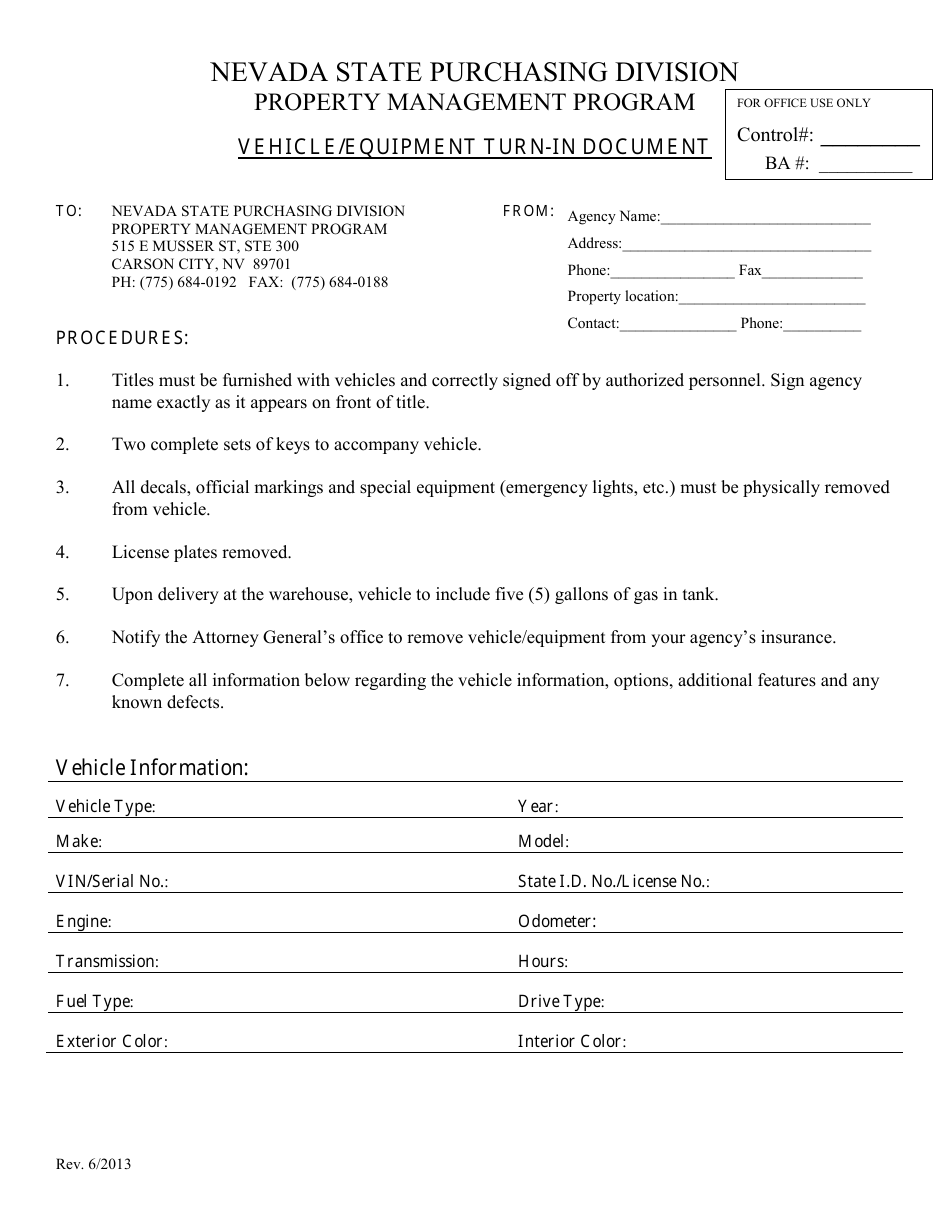 Vehicle / Equipment Turn-In Document - Nevada, Page 1