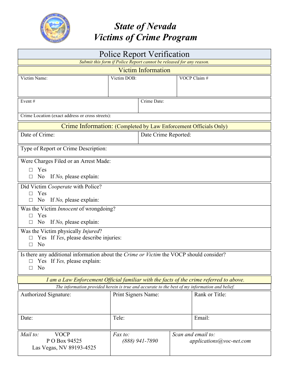 Police Report Verification Form - Victims of Crime Program - Nevada, Page 1