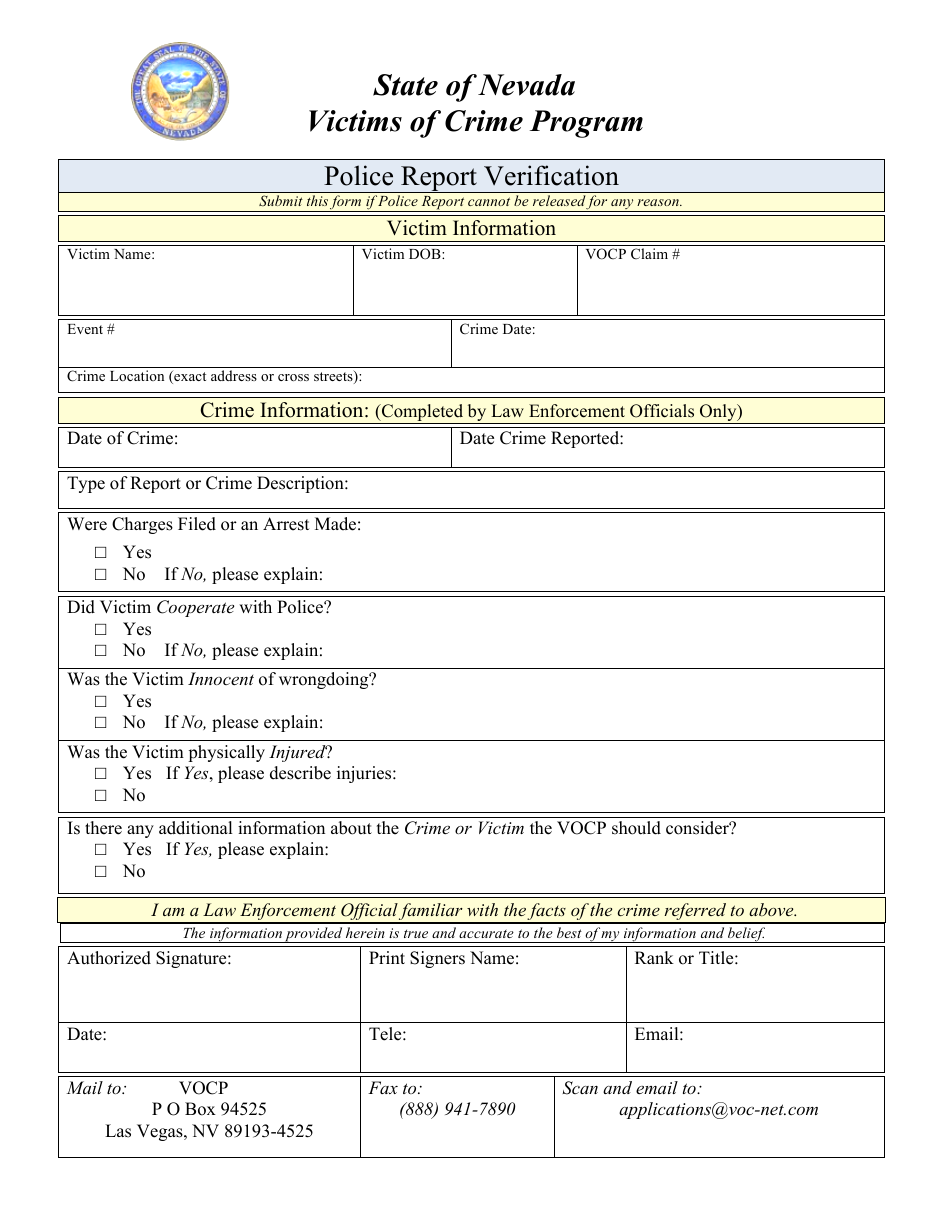 Nevada Police Report Verification Form - Victims of Crime Program Within Police Report Template Pdf