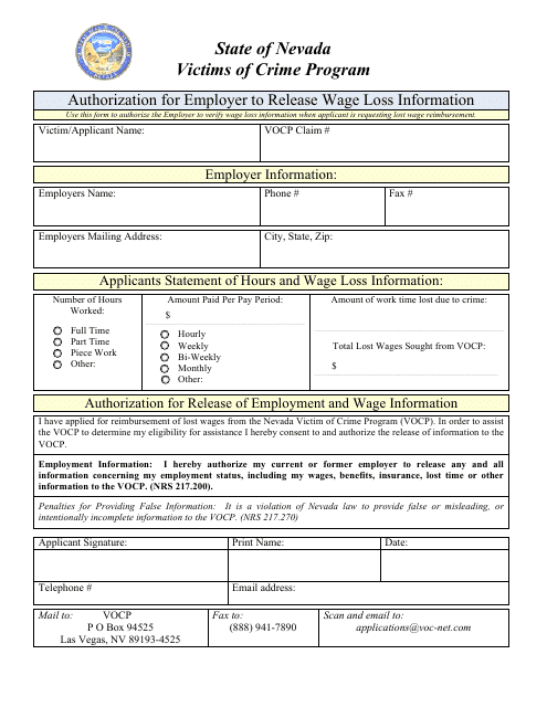 Authorization for Employer to Release Wage Loss Information - Victims of Crime Program - Nevada Download Pdf
