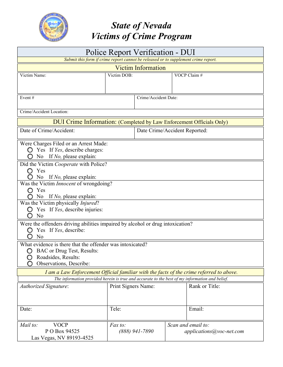 Police Report Verification Form - Dui - Victims of Crime Program - Nevada, Page 1