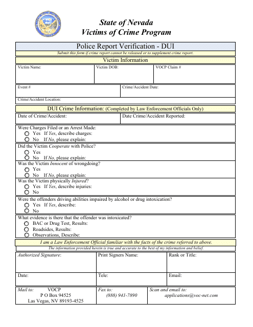 Police Report Verification Form - Dui - Victims of Crime Program - Nevada Download Pdf
