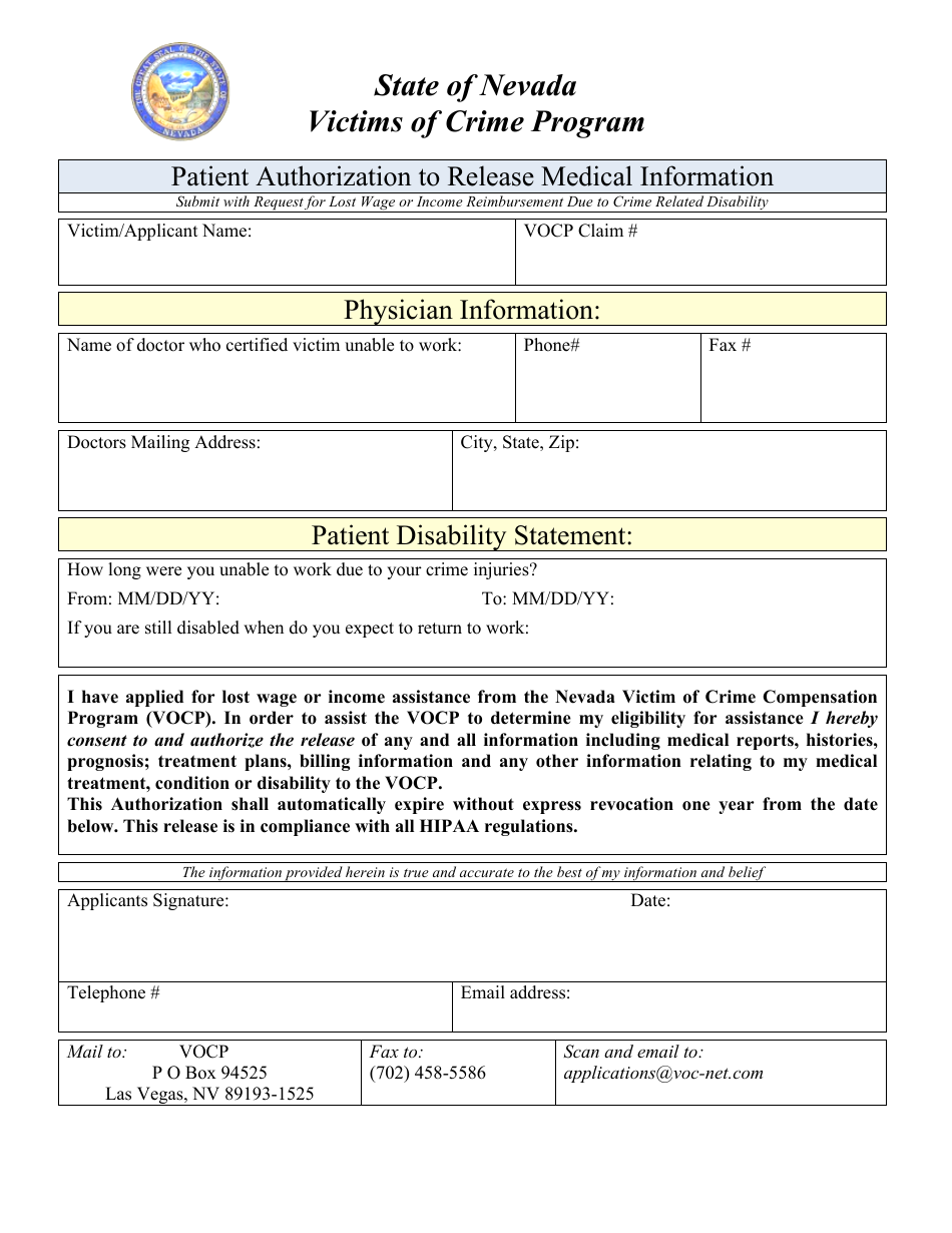 Patient Authorization to Release Medical Information - Victims of Crime Program - Nevada, Page 1