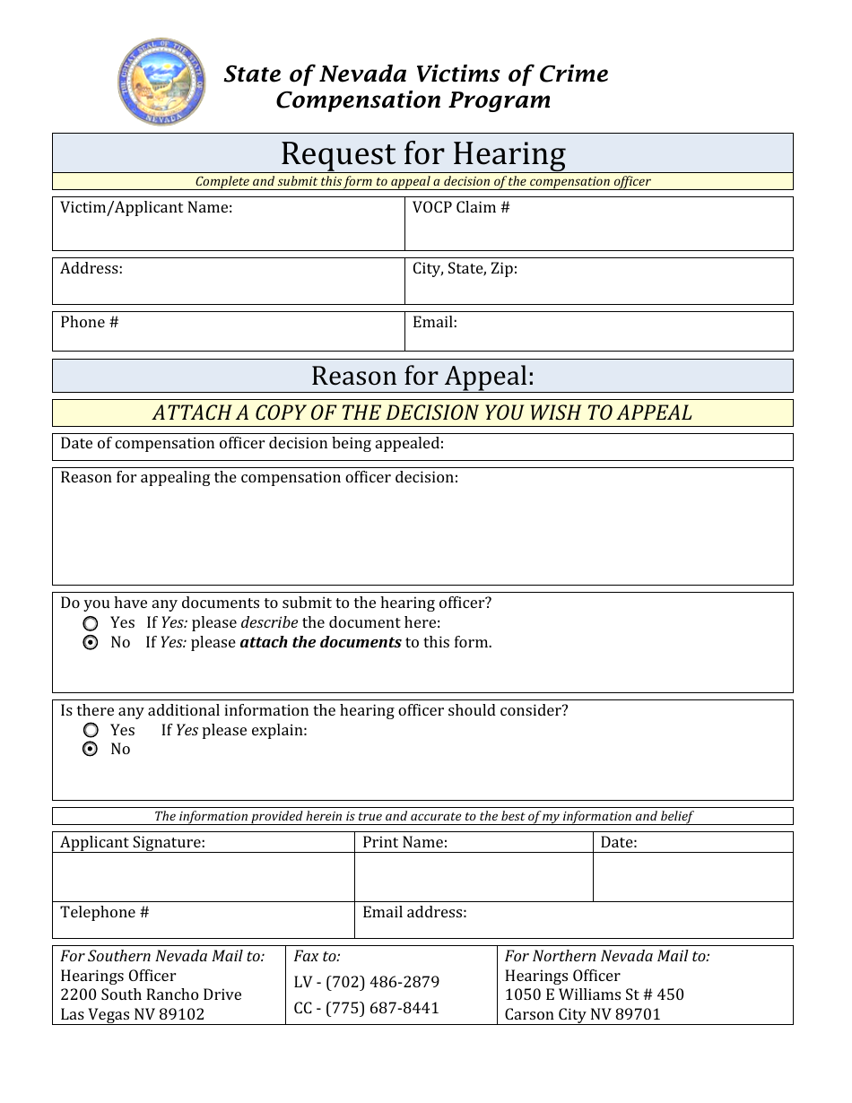 Request for Hearing - Victims of Crime Compensation Program - Nevada, Page 1