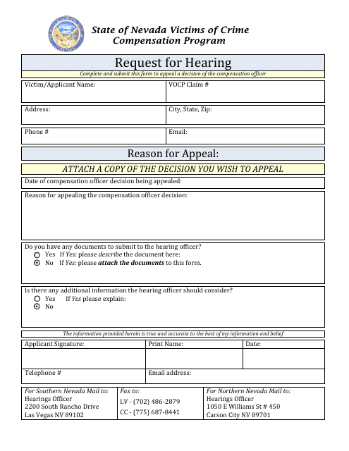Request for Hearing - Victims of Crime Compensation Program - Nevada Download Pdf