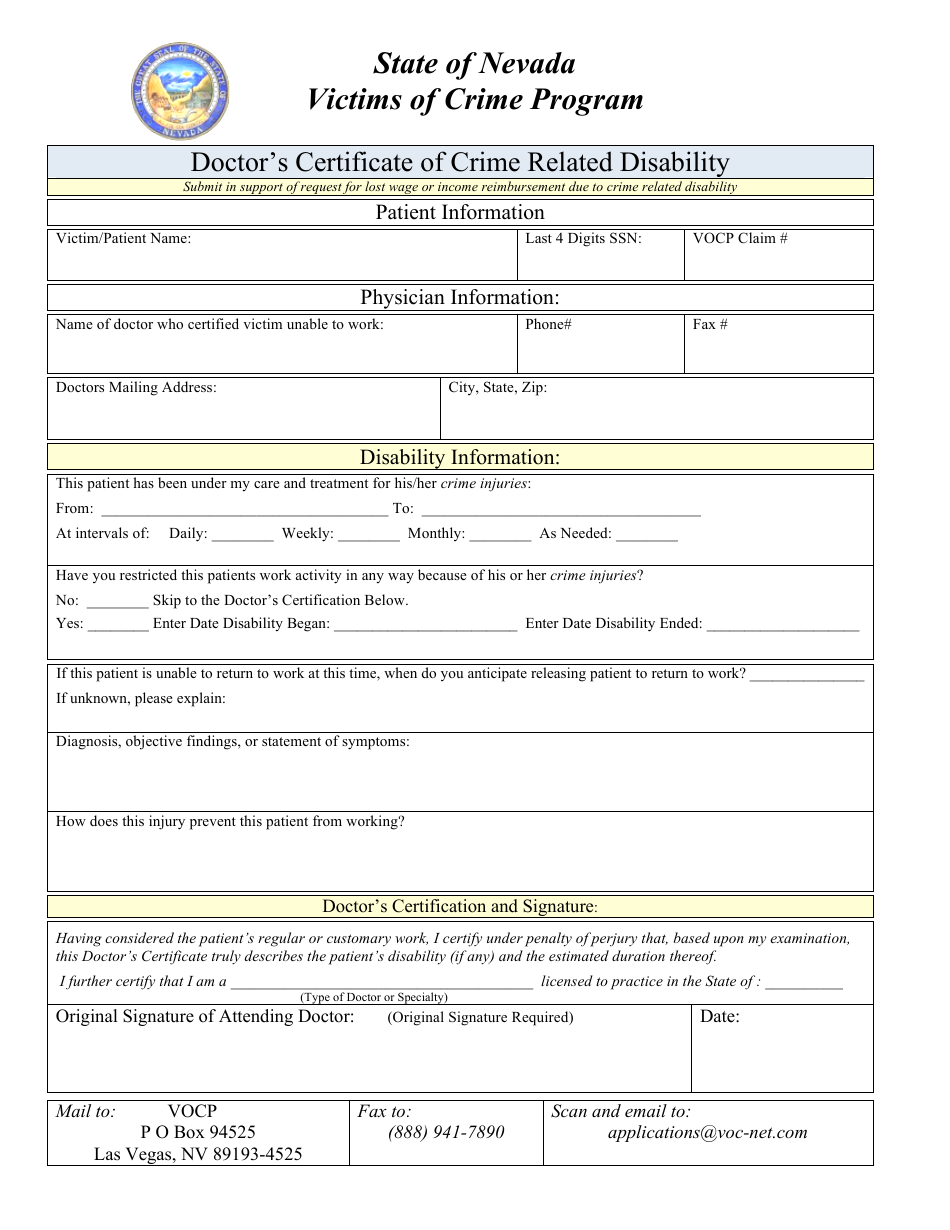 Doctors Certificate of Crime Related Disability - Victims of Crime Program - Nevada, Page 1