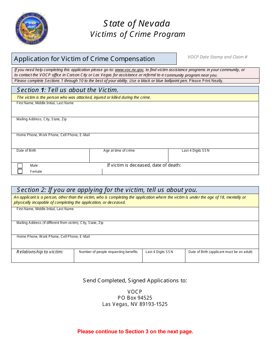 Application for Victim of Crime Compensation - Victims of Crime Program - Nevada, Page 1