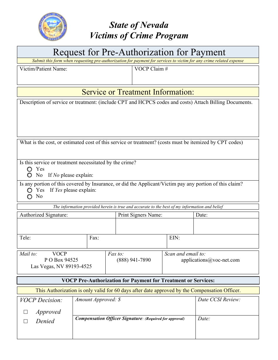 Request for Pre-authorization for Payment - Victims of Crime Program - Nevada, Page 1