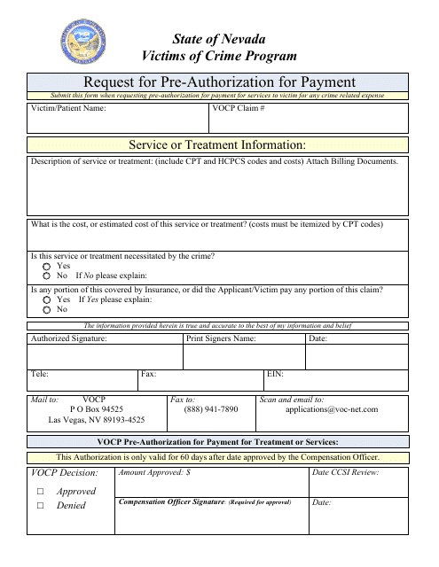 Request for Pre-authorization for Payment - Victims of Crime Program - Nevada Download Pdf
