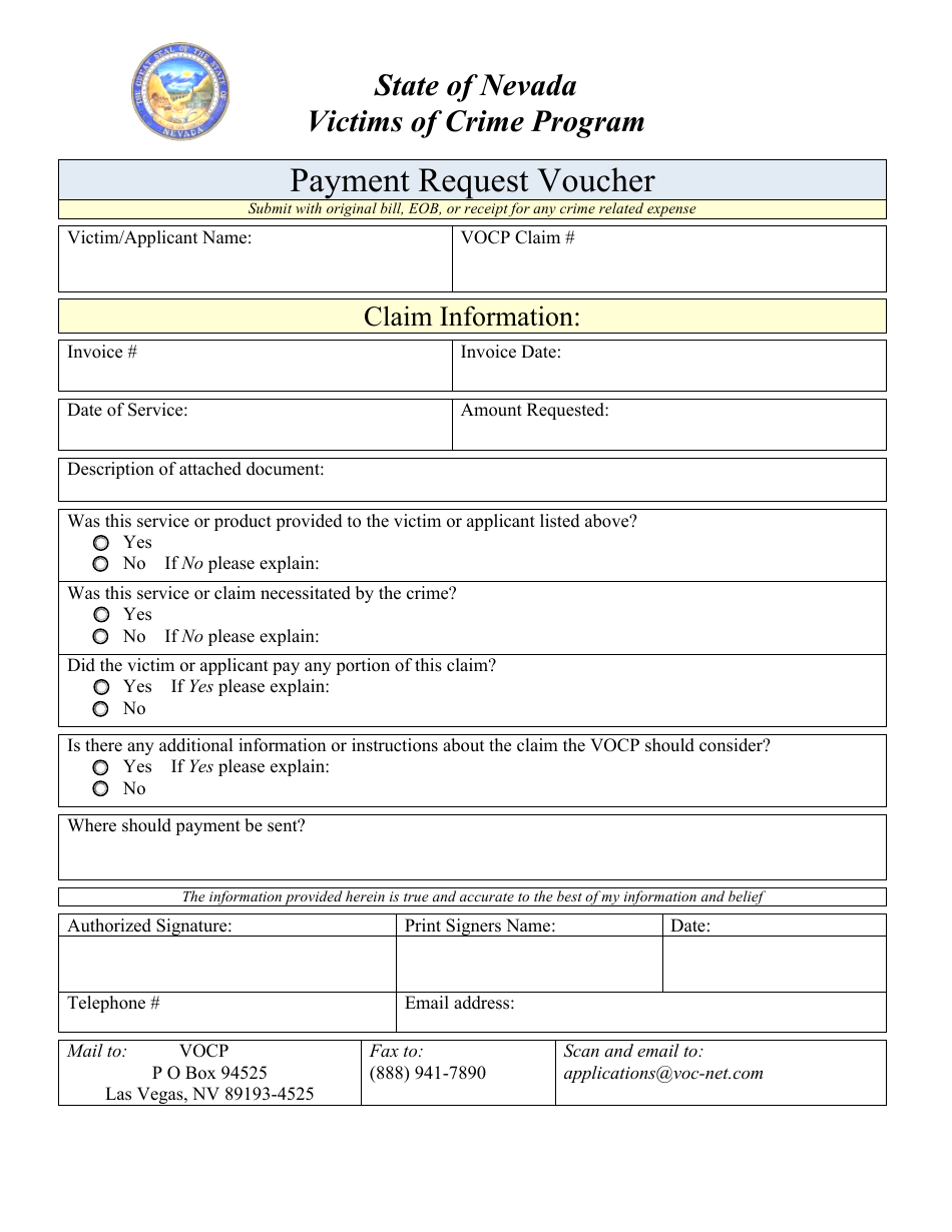 Payment Request Voucher - Victims of Crime Program - Nevada, Page 1