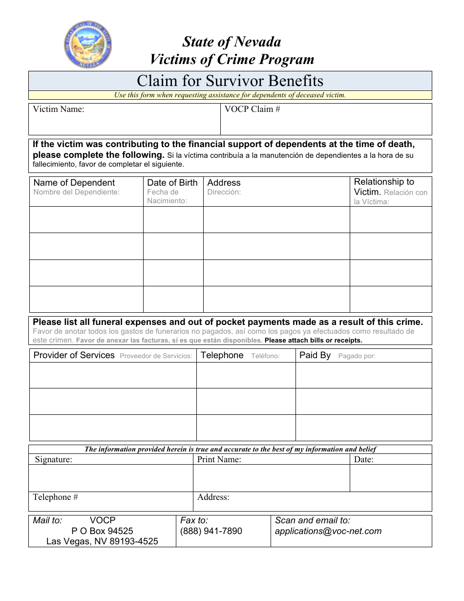 Claim for Survivor Benefits - Victims of Crime Program - Nevada (English / Spanish), Page 1