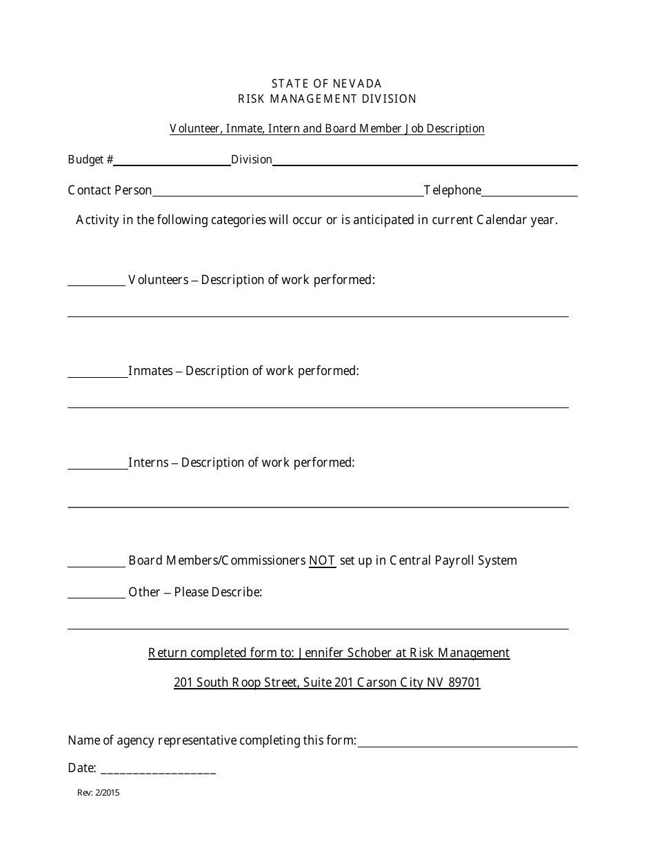 Volunteer, Inmate, Intern and Board Member Job Description Form - Nevada, Page 1