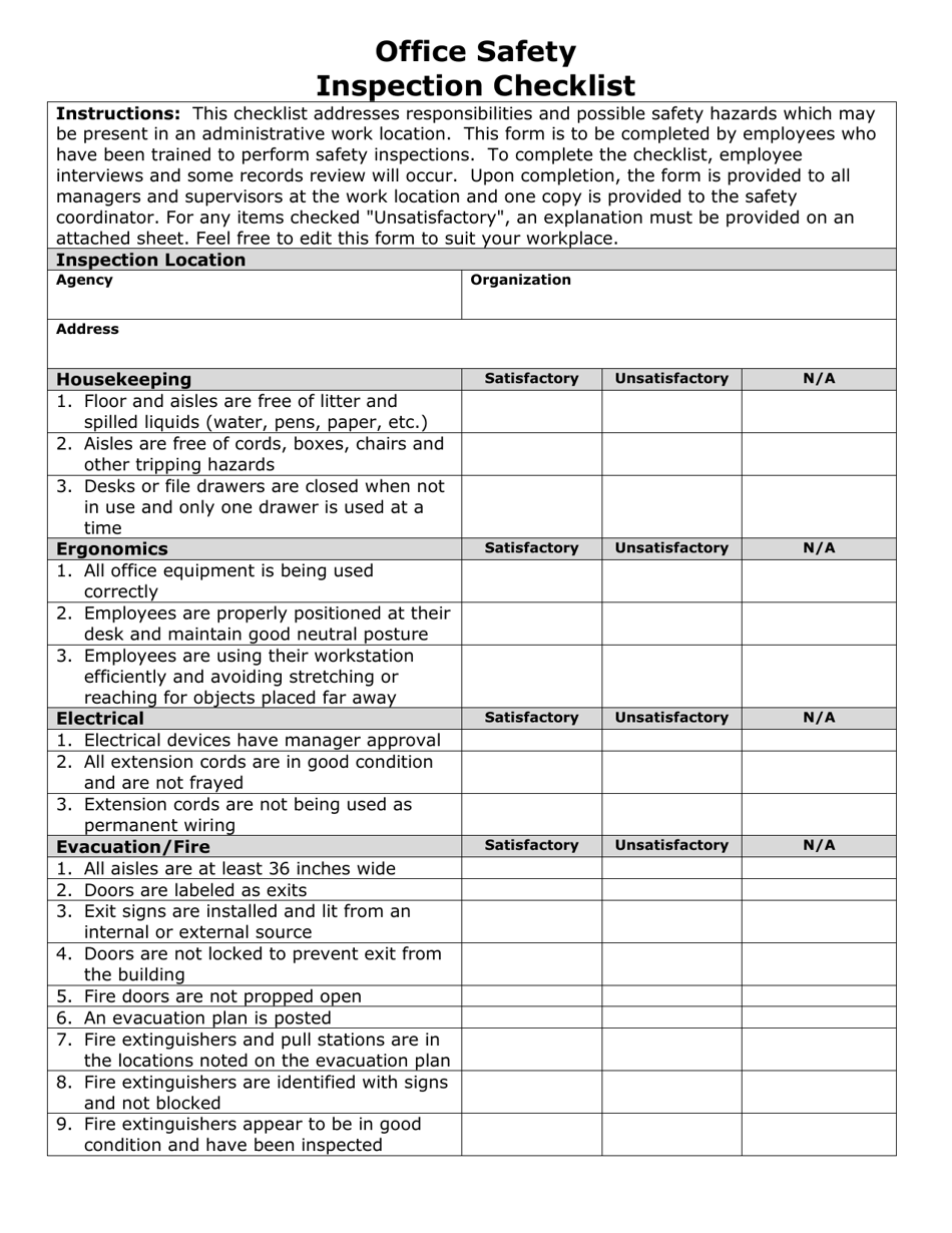 Nevada Office Safety Inspection Checklist Download Printable PDF