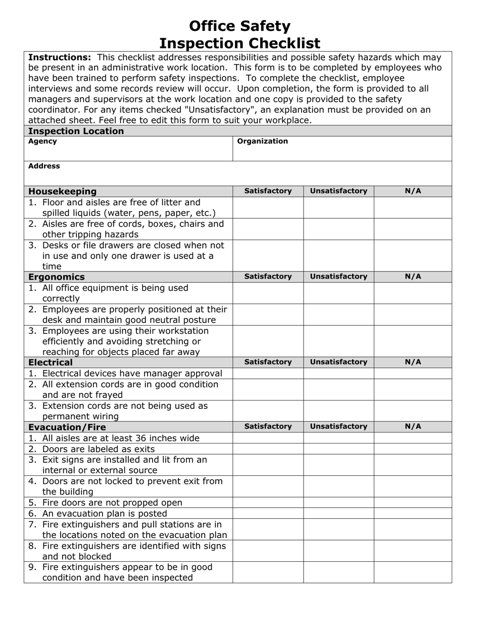 Nevada Office Safety Inspection Checklist Download Printable PDF 