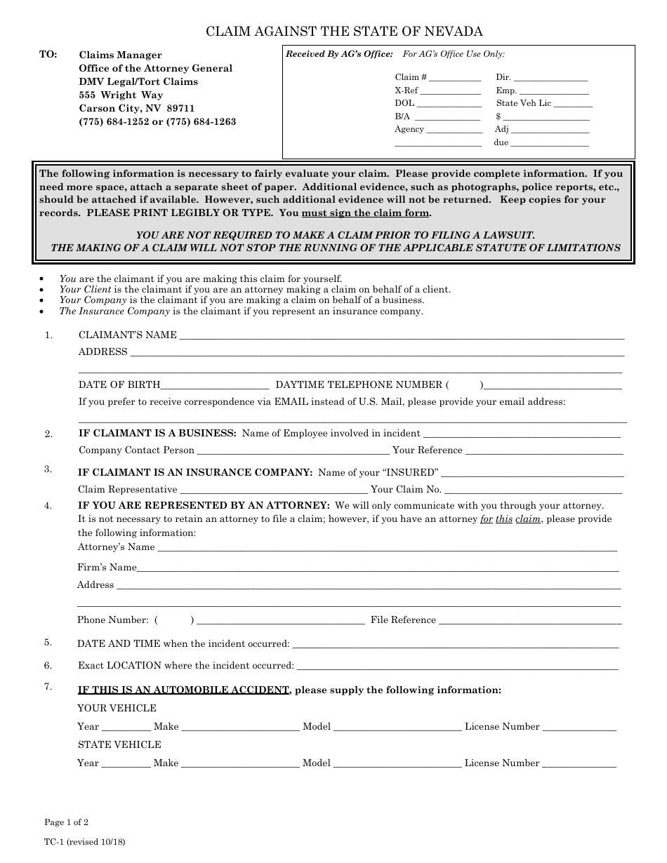 Form Tc 1 Download Fillable Pdf Or Fill Online Claim Against The State Of Nevada Nevada 7549