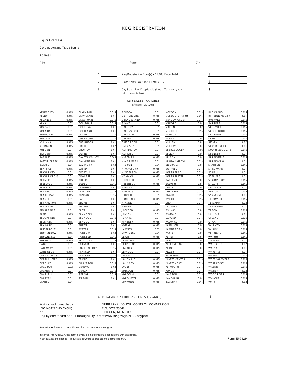 Form 35-7129 Keg Registration - Nebraska, Page 1