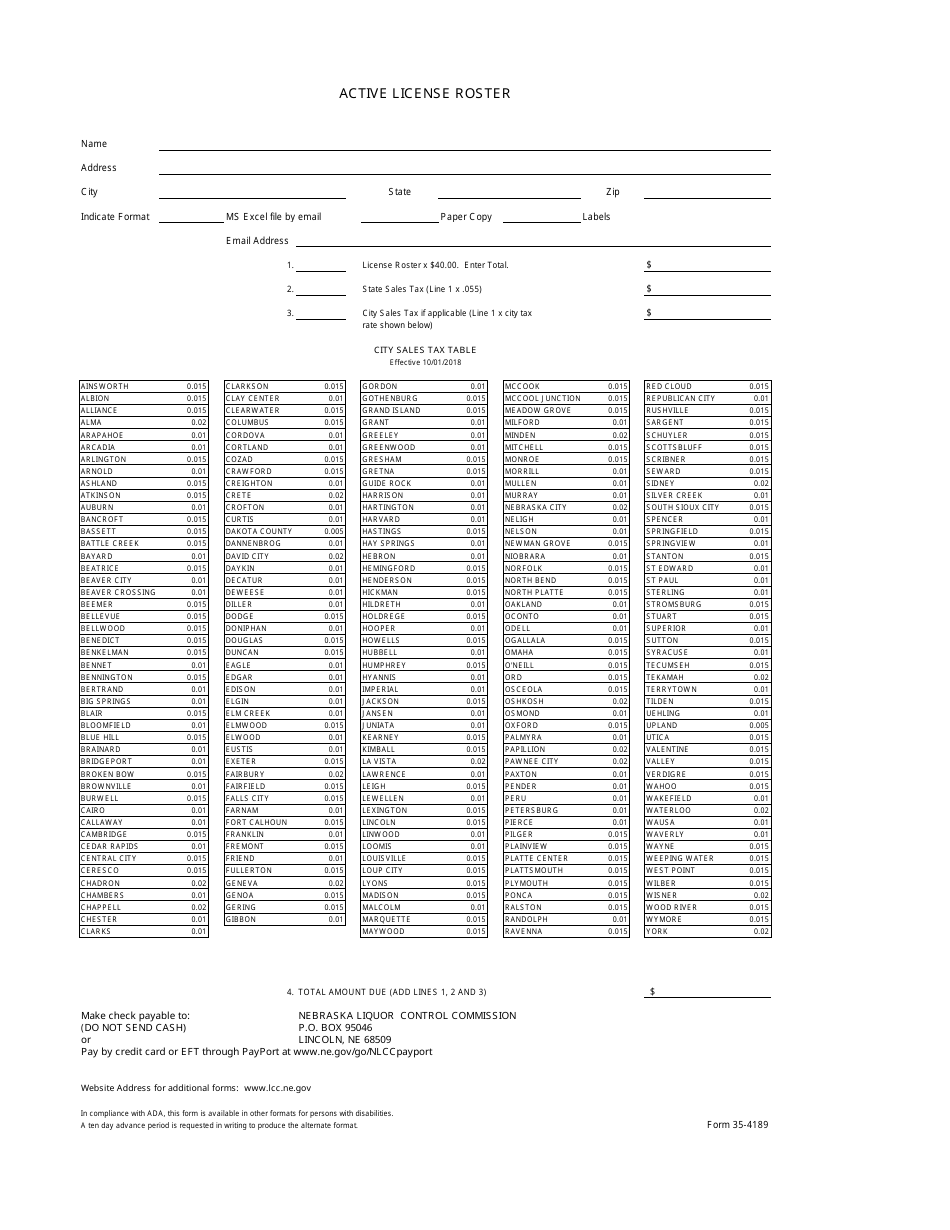 Form 35-4189 Active License Roster - Nebraska, Page 1