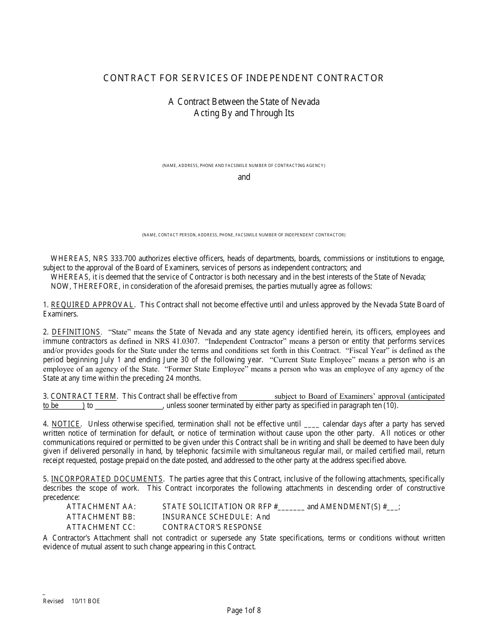 Nevada Contract For Services Of Independent Contractor Download Printable Pdf Templateroller