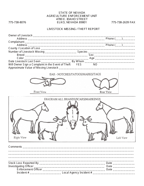 Livestock Missing / Theft Report Form - Nevada Download Pdf