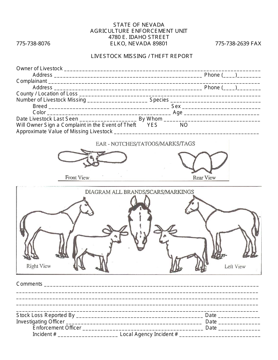 Livestock Missing / Theft Report Form - Nevada, Page 1