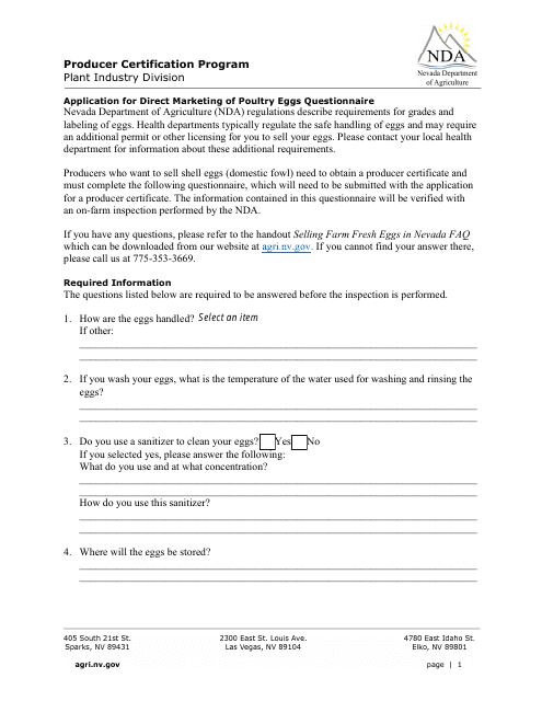 Application for Direct Marketing of Poultry Eggs Questionnaire - Producer Certification Program - Nevada Download Pdf