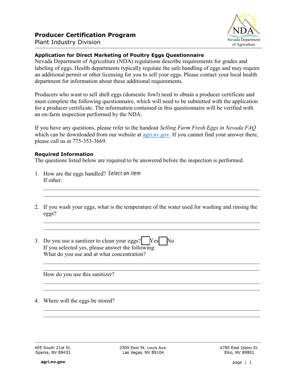 Nevada Application for Direct Marketing of Poultry Eggs Questionnaire ...