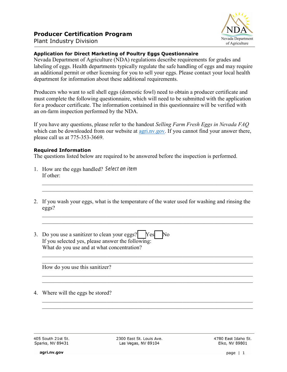 Application for Direct Marketing of Poultry Eggs Questionnaire - Producer Certification Program - Nevada, Page 1