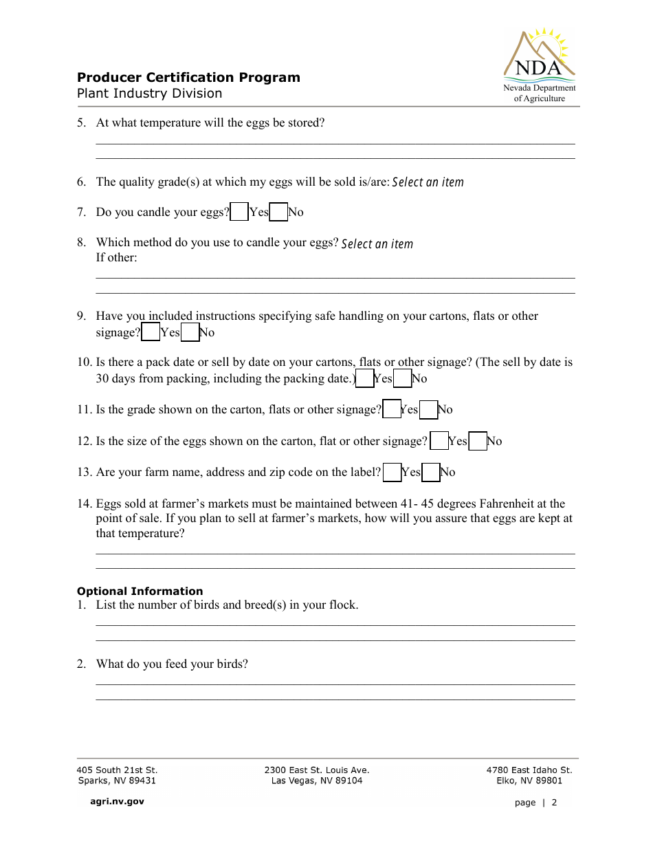 Application for Direct Marketing of Poultry Eggs Questionnaire - Producer Certification Program - Nevada, Page 2