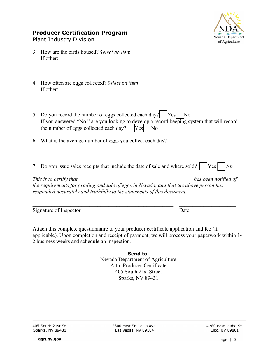 Application for Direct Marketing of Poultry Eggs Questionnaire - Producer Certification Program - Nevada, Page 3