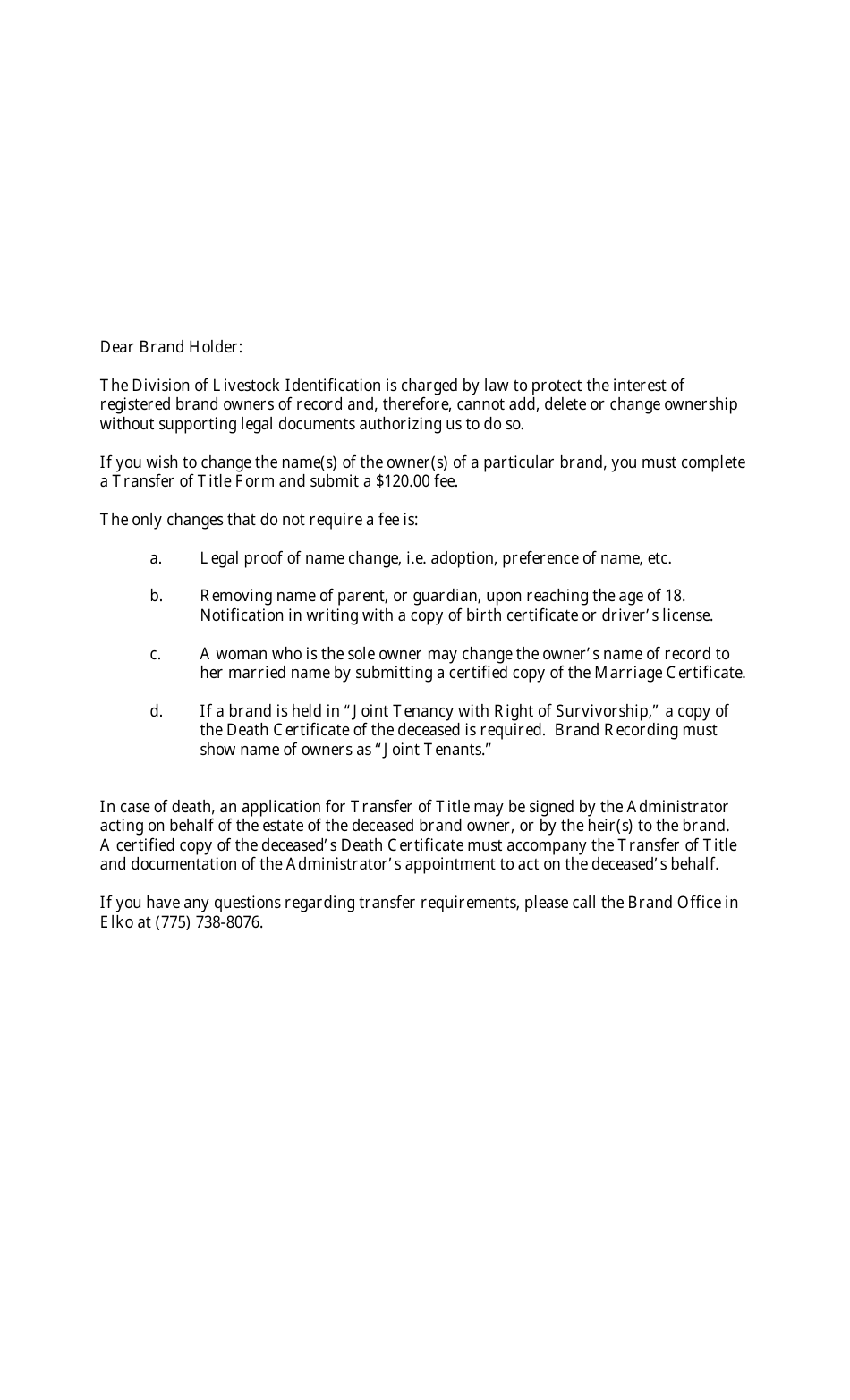 Nevada Livestock Brand Bill of Sale/Transfer of Title Fill Out, Sign