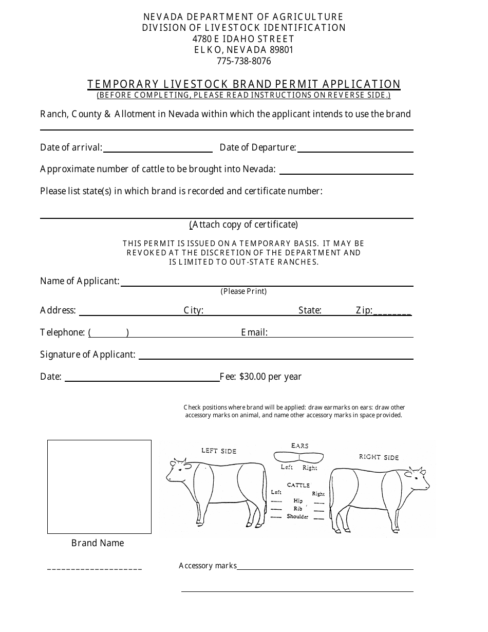 Temporary Livestock Brand Permit Application Form - Nevada, Page 1