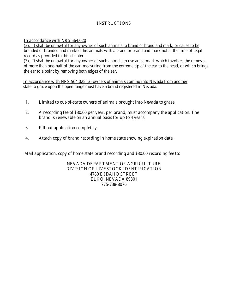 Temporary Livestock Brand Permit Application Form - Nevada, Page 2