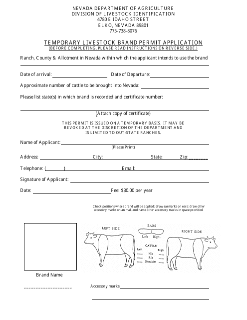 Temporary Livestock Brand Permit Application Form - Nevada Download Pdf