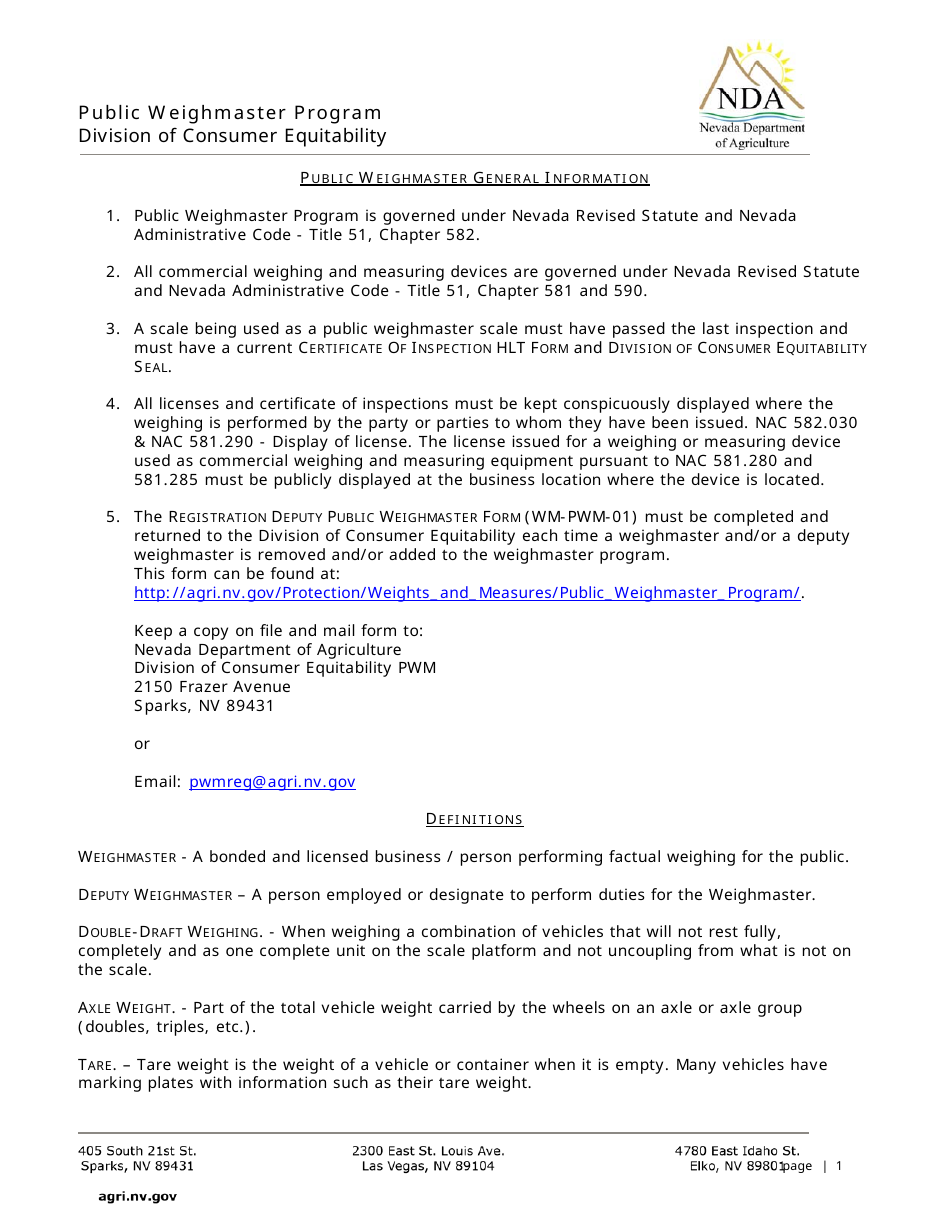 Public Weighmaster Program Acknowledgement Form - Nevada, Page 1