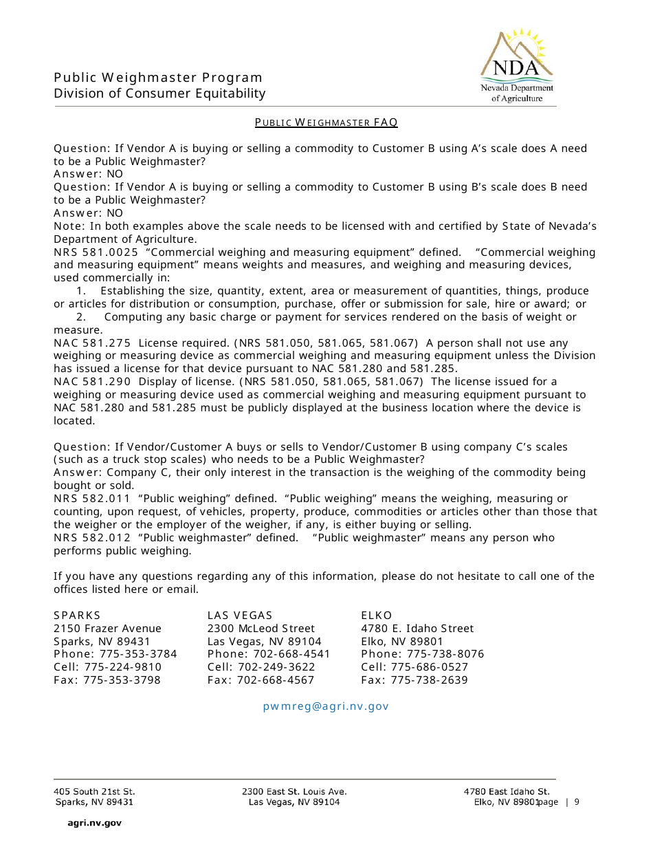 Public Weighmaster Program Acknowledgement Form - Nevada, Page 9