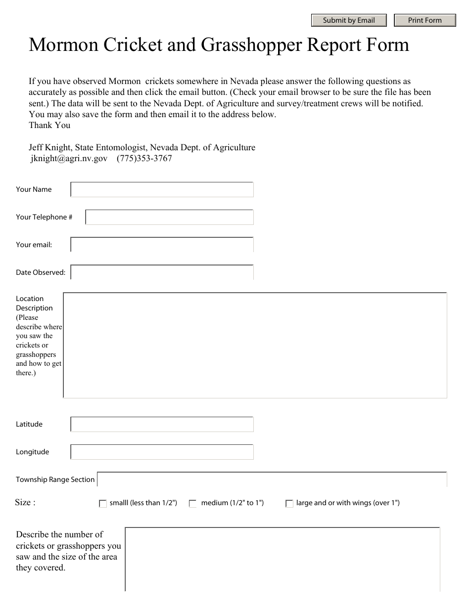 Mormon Cricket and Grasshopper Report Form - Nevada, Page 1