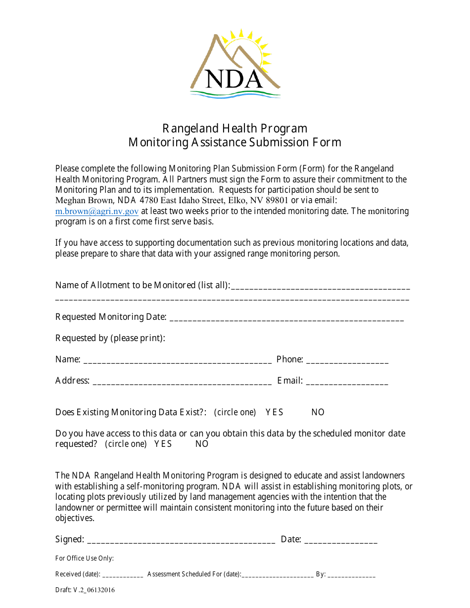 Monitoring Assistance Submission Form - Rangeland Health Program - Nevada, Page 1