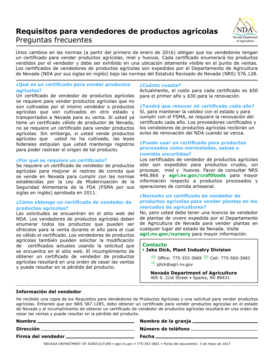 Solicitud Para Un Certificado De Vendedor De Productos Agricolas De Nevada - Nevada (Spanish), Page 1