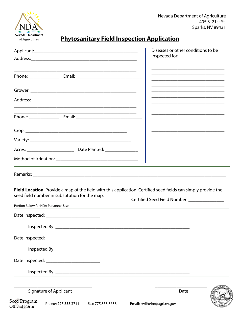 Phytosanitary Field Inspection Application Form - Nevada, Page 1