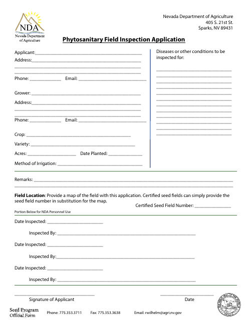 Phytosanitary Field Inspection Application Form - Nevada Download Pdf