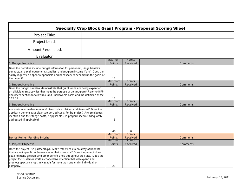 Specialty Crop Block Grant Program - Proposal Scoring Sheet - Nevada, Page 5
