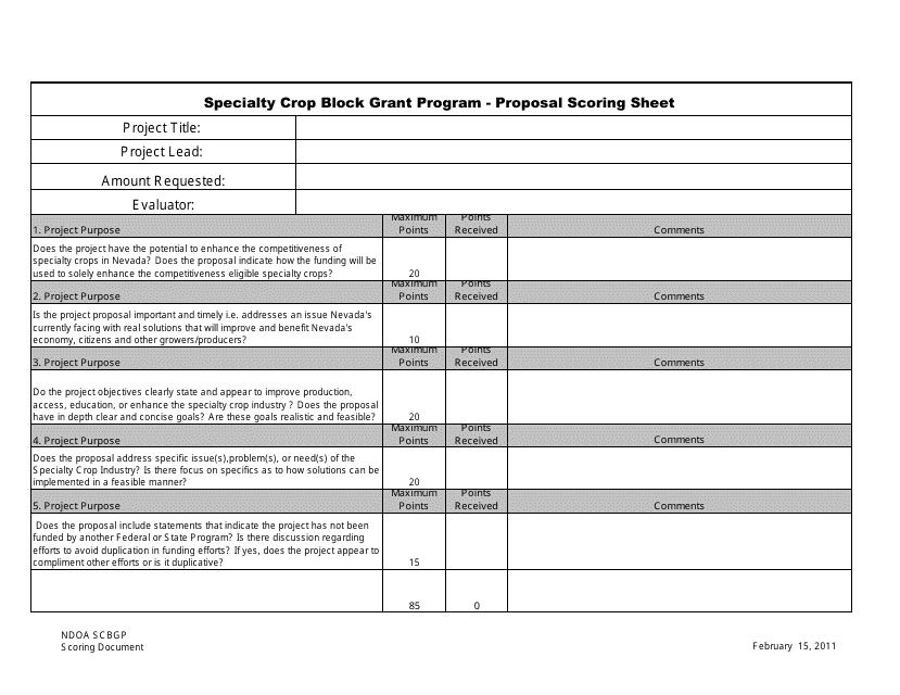 Specialty Crop Block Grant Program - Proposal Scoring Sheet - Nevada Download Pdf