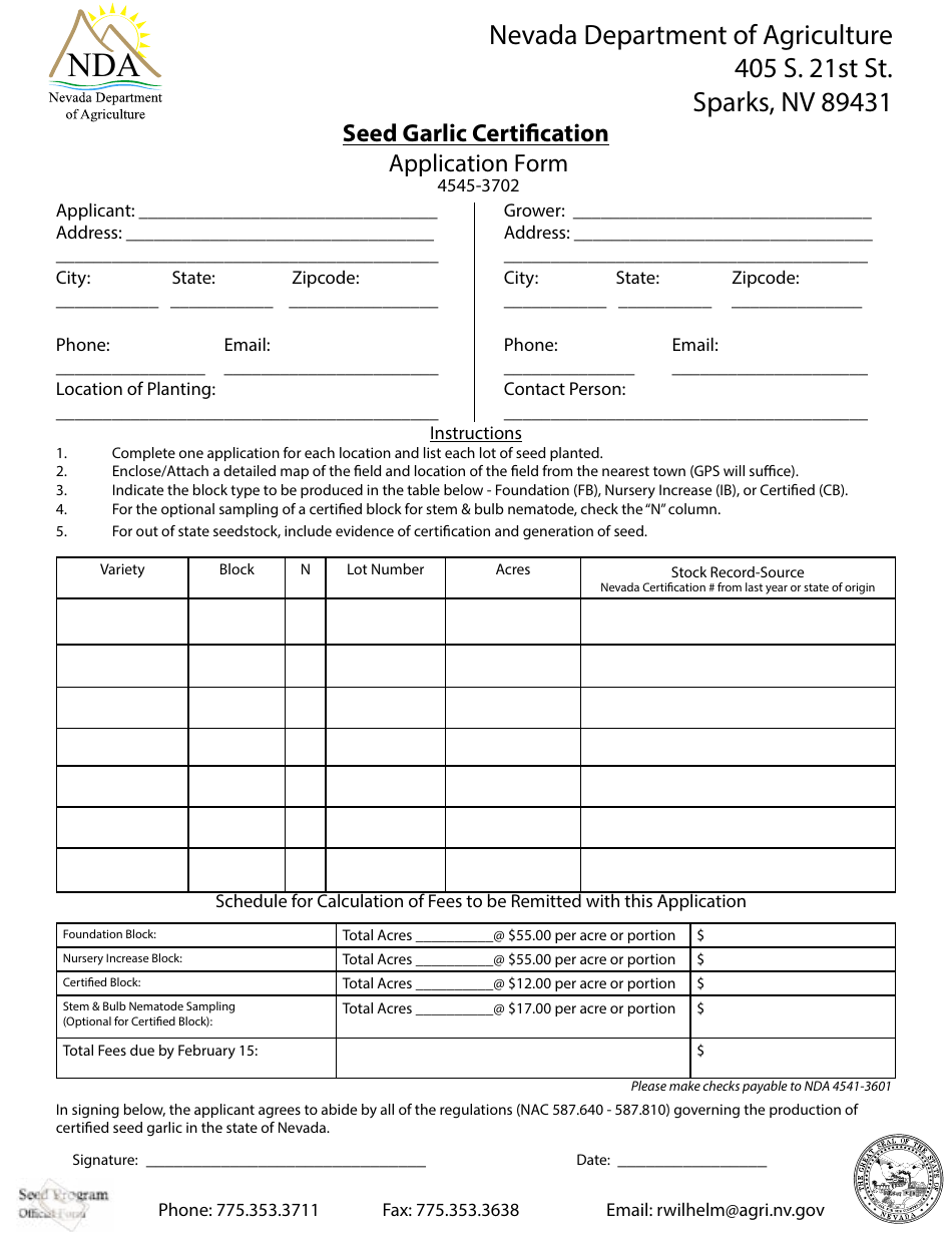 Seed Garlic Certification Application Form - Nevada, Page 1