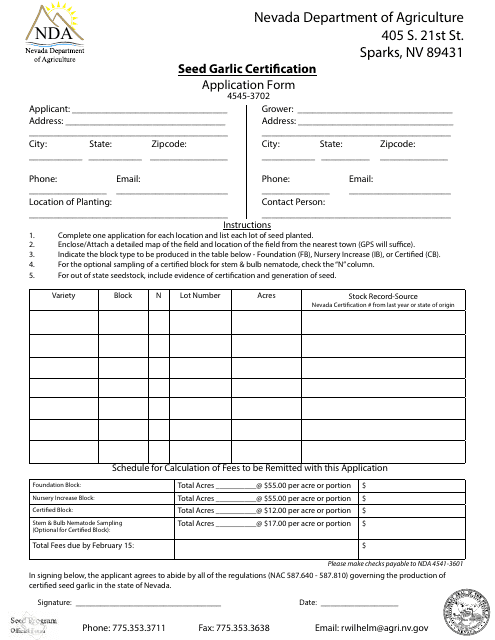 Seed Garlic Certification Application Form - Nevada Download Pdf