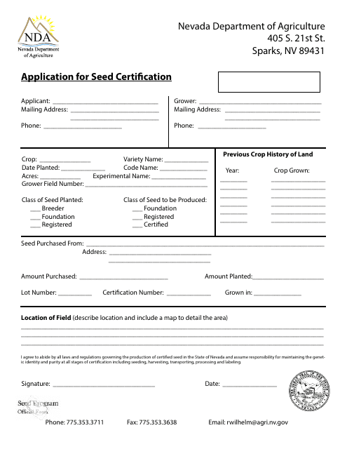 Application for Seed Certification Form - Nevada