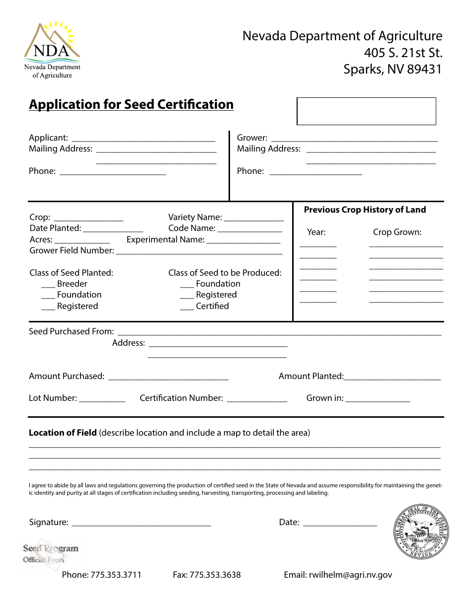 Application for Seed Certification Form - Nevada, Page 1